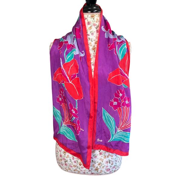 Vintage Accessories - Vintage Vera Neumann Floral Scarf Long Retro Spring Easter Purple Red Green